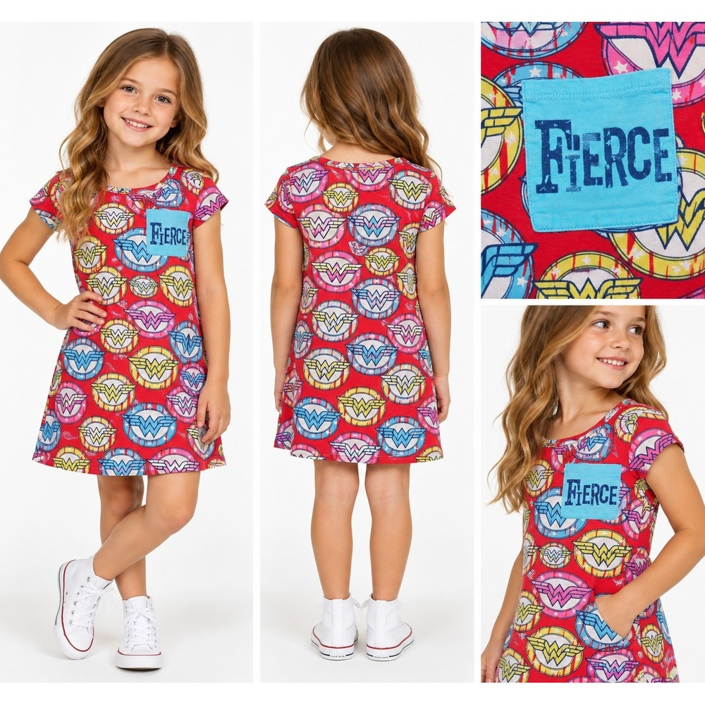 Wonder Woman Girls Dress Size 6 S/M DC Comics Fierce Pocket Logo Red Cotton
